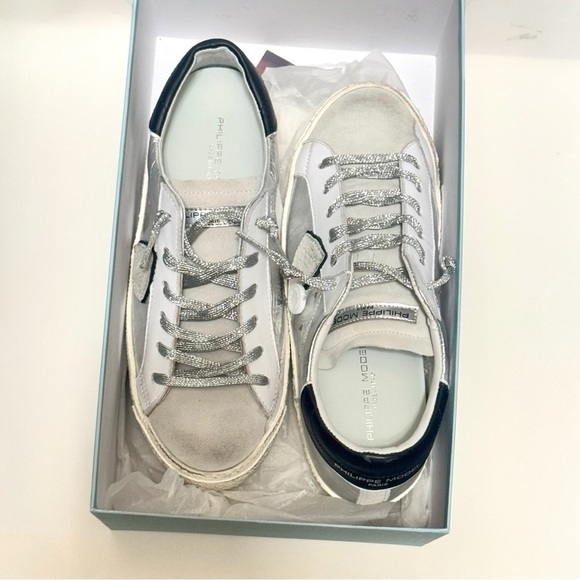 Philippe Model Paris Prsx Low Top Metallic Silver Leather Women's Sneaker Size 8 - Picture 7 of 15